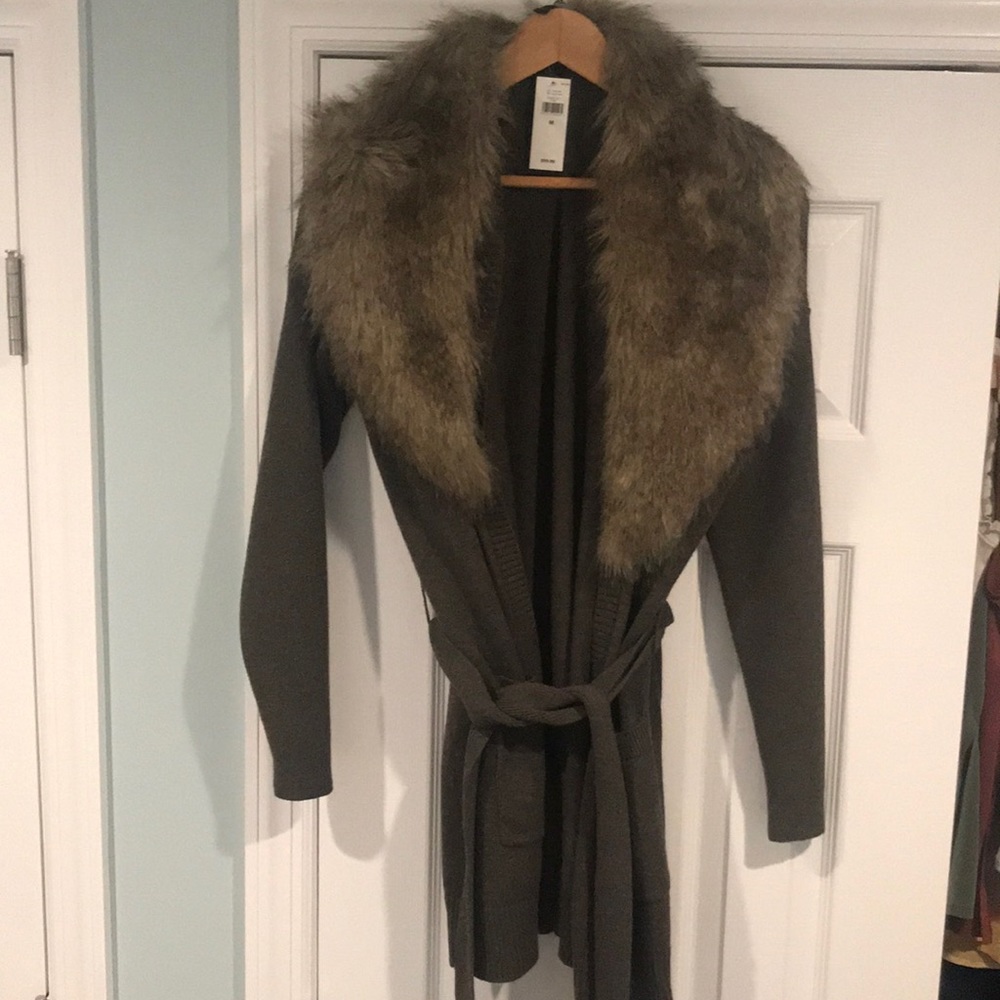 Long faux fur sweater with tie belt